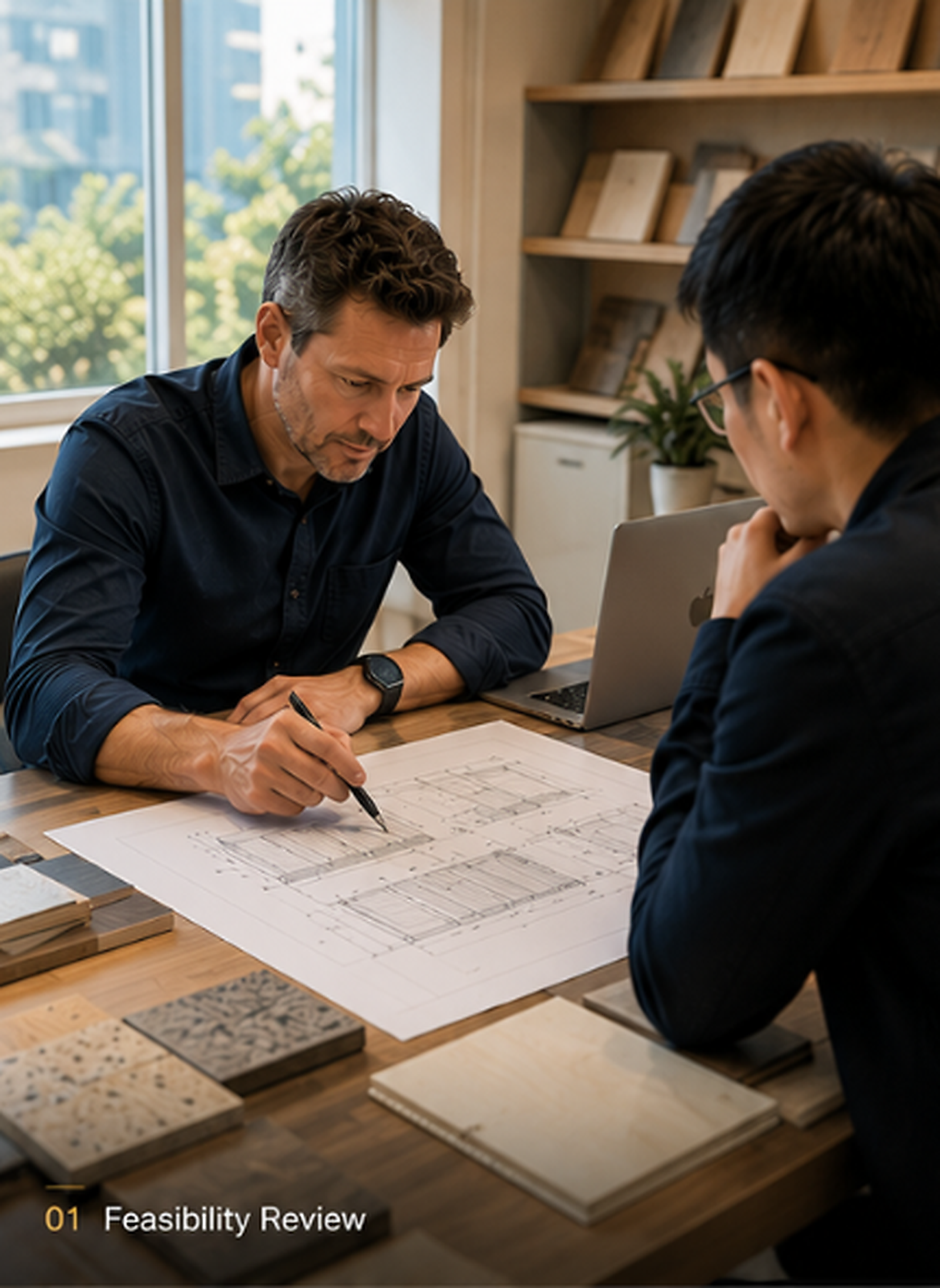 Technical drawings and project review documentation for a joinery feasibility assessment